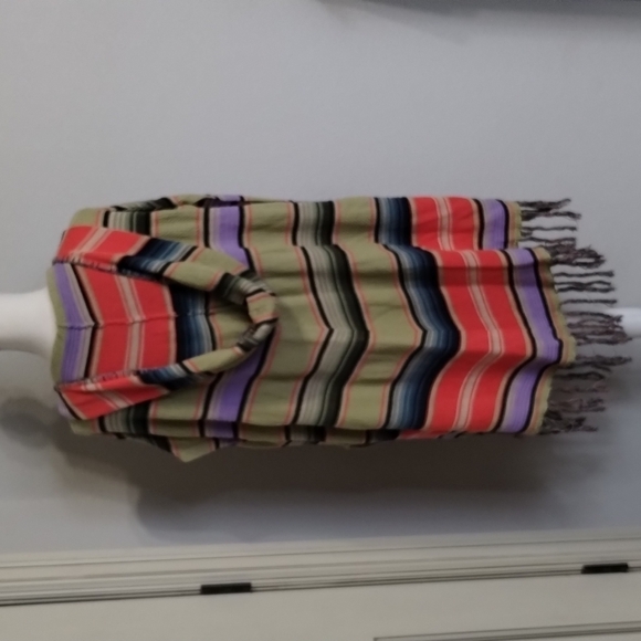 Anthropologie Moth Calexico Multicolor Stripe Knit Hooded Fringe Poncho Small - Picture 5 of 13